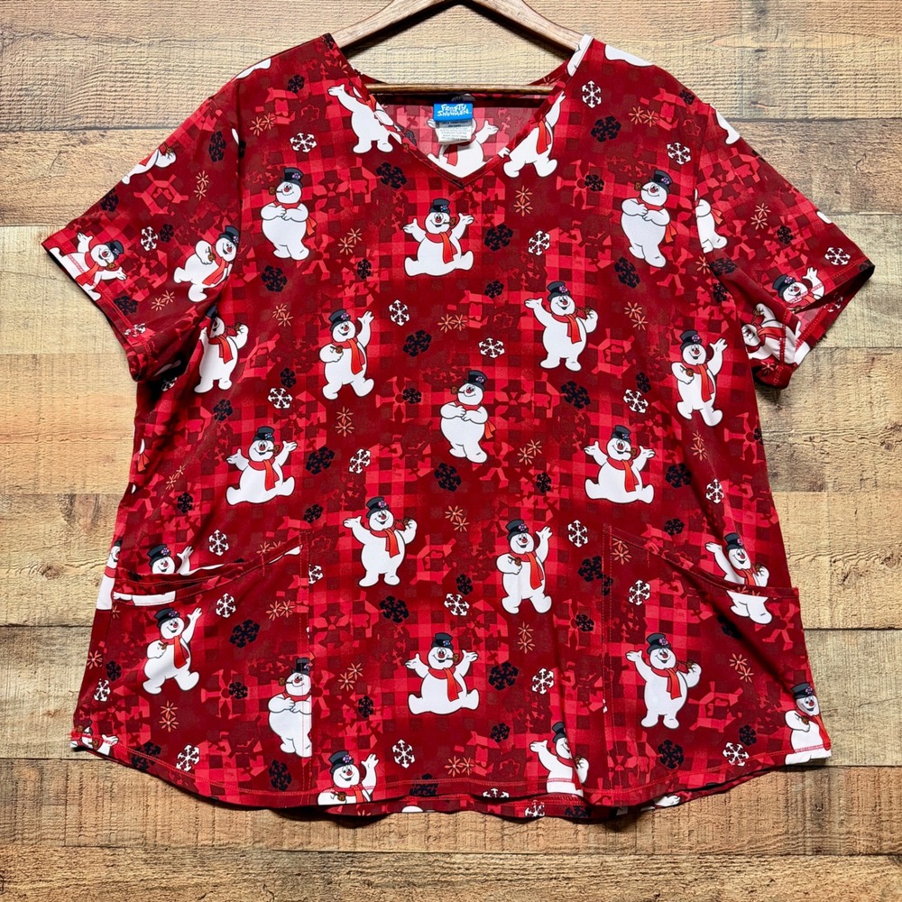 Frosty The Snowman Scrub Top Red Plaid Holiday Christmas V-Neck 3XL Womens